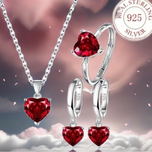 Sterling Silver 925 Red Heart Necklace, Earrings and Ring Set NWT - Picture 6 of 10